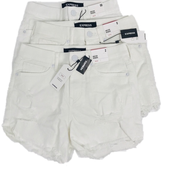 EXPRESS | High Waist Raw Hem Stretch Denim Shorts - Picture 3 of 7